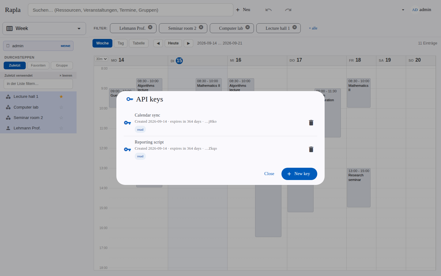 Account settings: API keys with scope and expiry