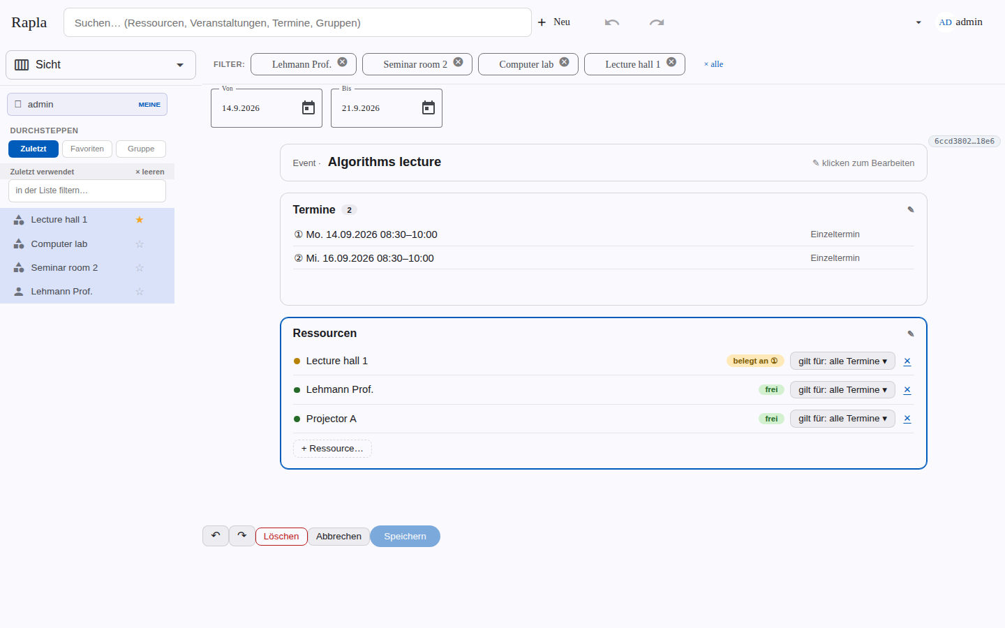 Event editor: appointments and resources with their availability