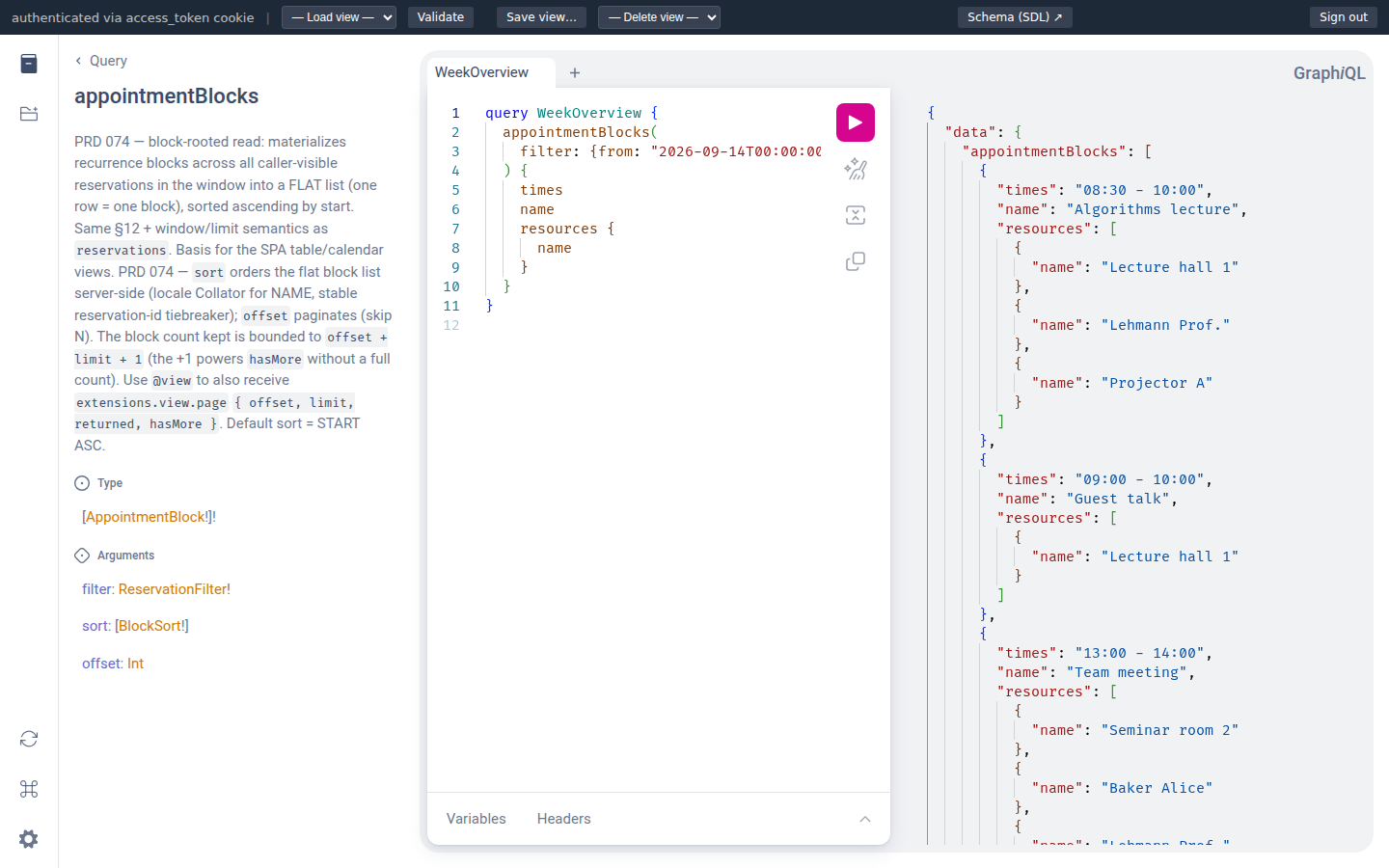 GraphiQL with schema docs, a query and its result