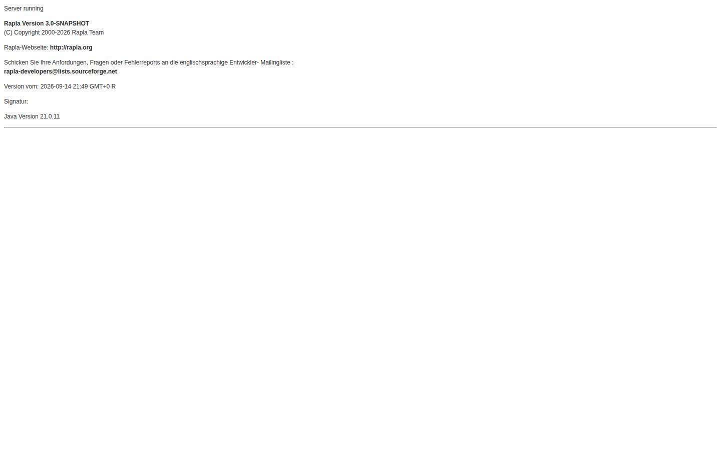 Server status page with version and build date