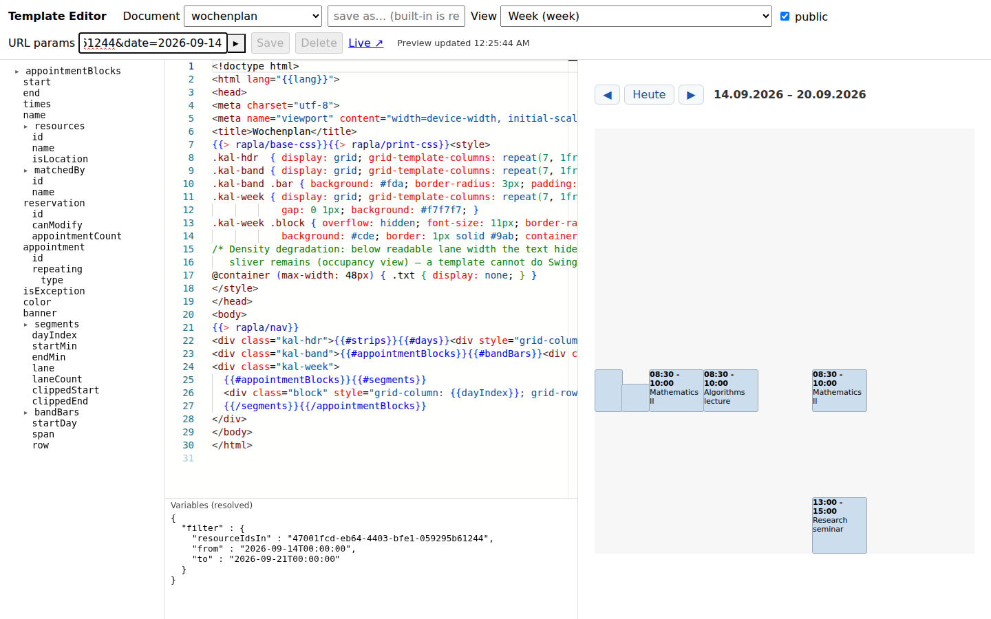 Template editor: data tree, Mustache source and live preview