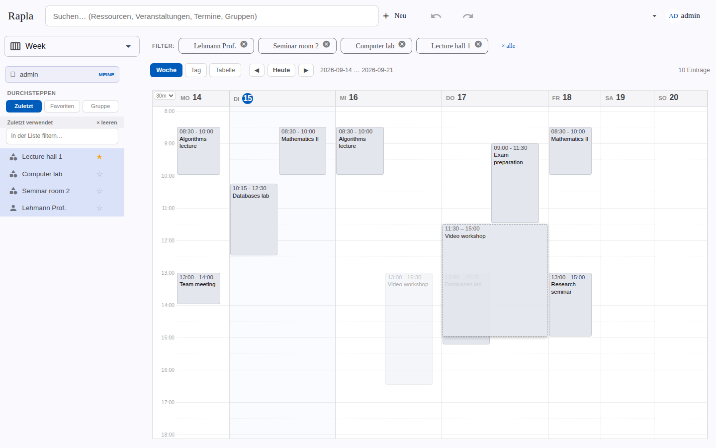 Week view in the web app: bookings for rooms, people and equipment, one being moved by drag & drop