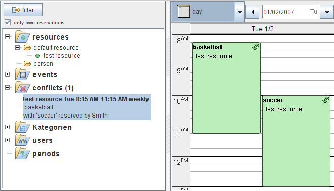 Conflict view: two weekly reservations overlap on the same resource