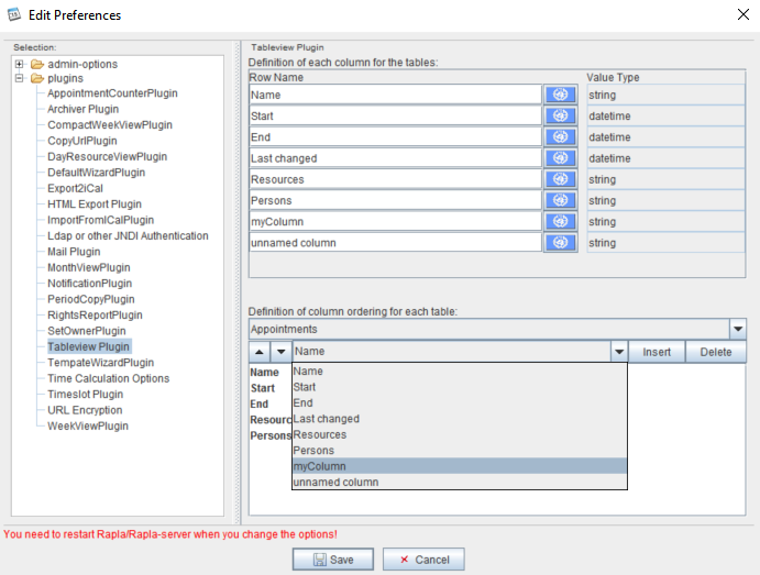 Preferences: plugin list and table view configuration